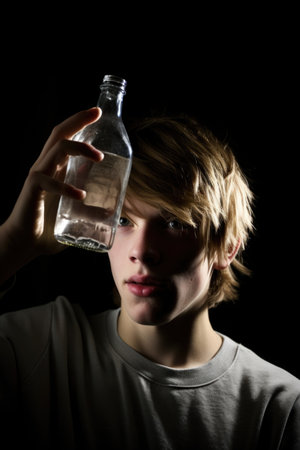 shot of a teenage boy holding up a bottle in front of his faceの素材