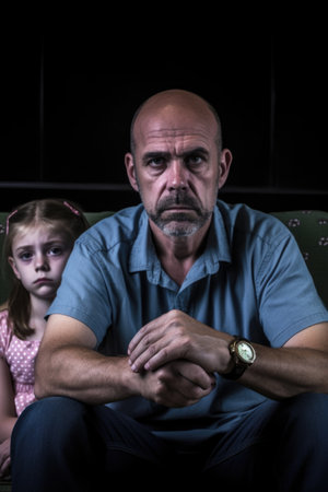 a worried father and daughter sitting together on a couch holding handsの素材