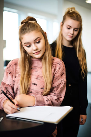 shot of a teenage girl writing in a notebook with her friend standing behind herの素材