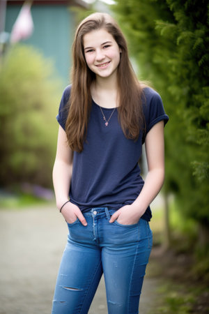 a young teen girl with her hands in her jeans pocketsの素材