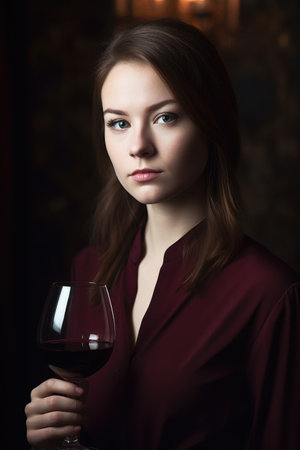 portrait of a young woman holding a glass of red wineの素材