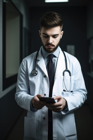 portrait of a young doctor using a digital tablet and smartphone at workの素材