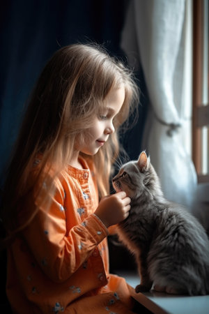 shot of a young girl feeding her furry kittenの素材