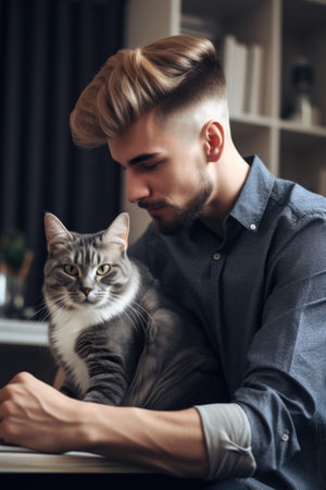 shot of a young man petting his cat at homeの素材