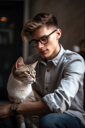 shot of a young man petting his cat at homeの素材