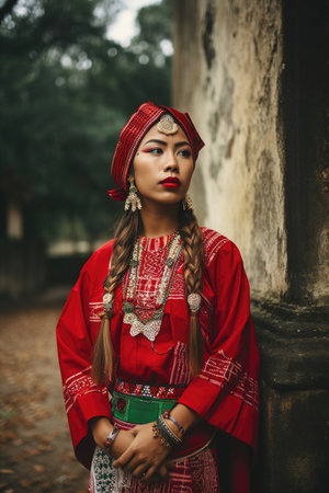 shot of a young woman wearing traditional clothing standing outsideの素材