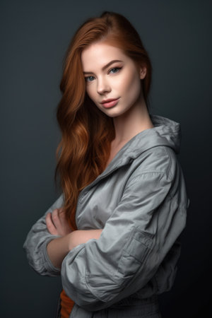 studio shot of an attractive young woman posing in casualwear against a gray backgroundの素材