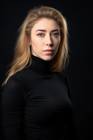 studio shot of an attractive young woman posing in a black polo neck shirtの素材