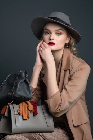 studio shot of an attractive young woman wearing a hat and holding bags against a gray backgroundの素材