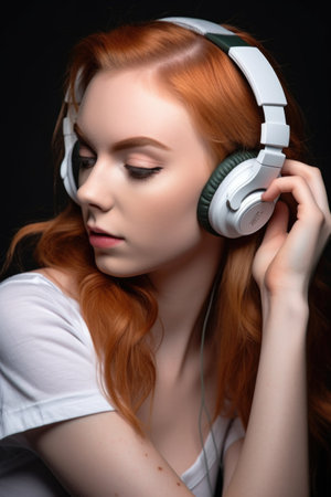 high angle studio shot of a young woman using headphones against a gray backgroundの素材