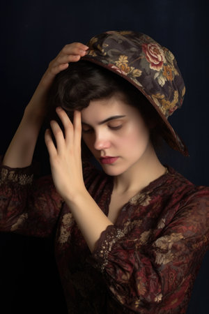 studio shot of a young woman holding a vintage hat in front of her faceの素材