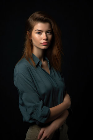 studio shot of an attractive young woman posing in casual wear against a dark backgroundの素材