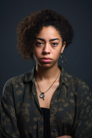 studio shot of a young ethnic woman looking upset against a gray backgroundの素材