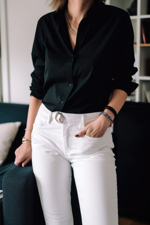 cropped shot of a woman at home wearing a black shirt and white jeansの素材