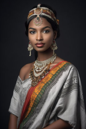 shot of a young woman wearing an ethnic dress posing against a grey backgroundの素材