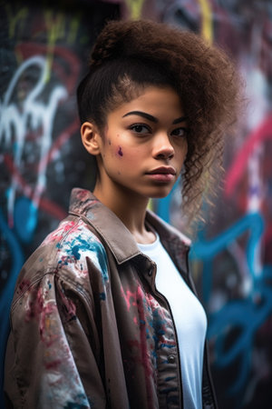 cropped shot of a young woman posing in front of some graffitiの素材