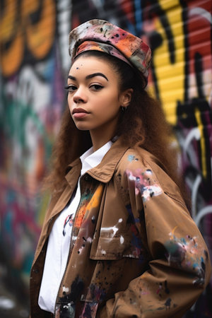 cropped shot of a young woman posing in front of some graffitiの素材