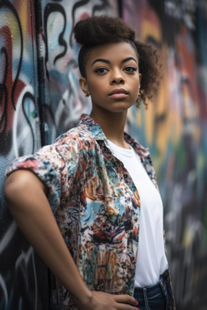 cropped shot of a young woman posing in front of some graffitiの素材