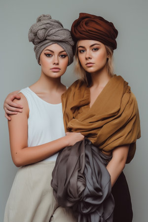 shot of two young women holding a variety of garments against a gray backgroundの素材