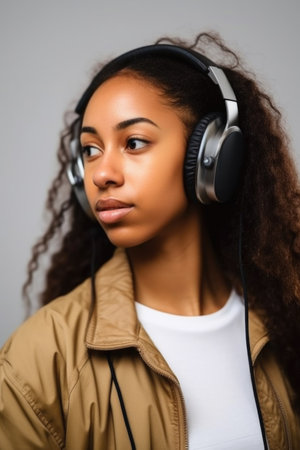studio shot of a young ethnic woman wearing headphones and listening to musicの素材