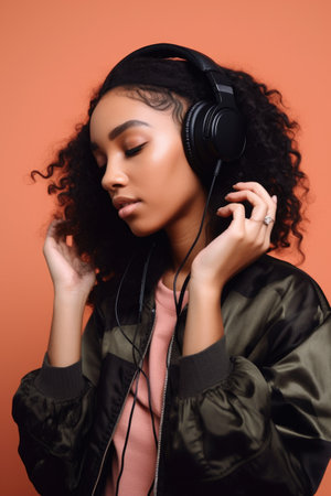 studio shot of a young ethnic woman wearing headphones and listening to musicの素材