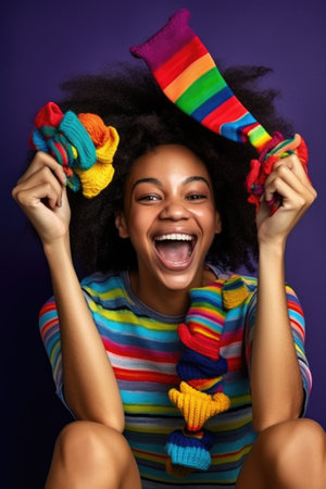 shot of a young woman holding up her colorful sockの素材