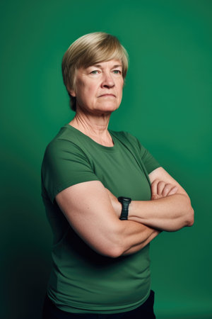 studio shot of a woman posing with her arms crossed against a green backgroundの素材