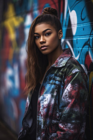 cropped shot of a young woman posing in front of some graffitiの素材