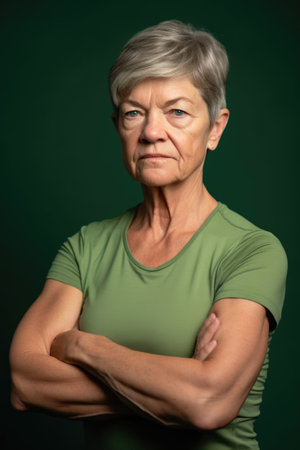 studio shot of a woman posing with her arms crossed against a green backgroundの素材
