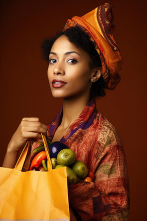 closeup portrait of a young ethnic woman holding her shopping bagの素材