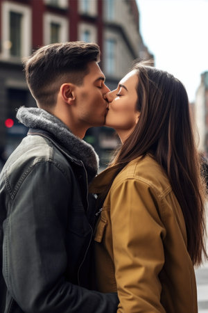 shot of a young couple sharing a kiss in the cityの素材