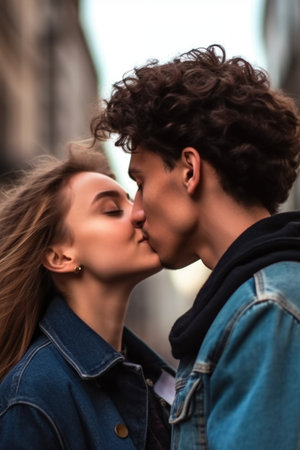 shot of a young couple sharing a kiss in the cityの素材