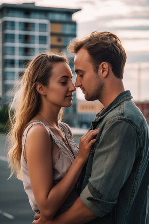 shot of a cute young couple embracing against a city backgroundの素材