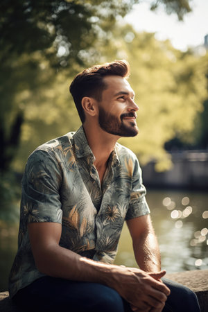 shot of a handsome young man enjoying his day outdoorsの素材