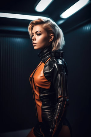 shot of a beautiful woman posing in a futuristic leather outfitの素材
