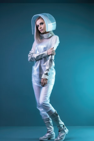 full length shot of a beautiful young woman wearing futuristic attireの素材
