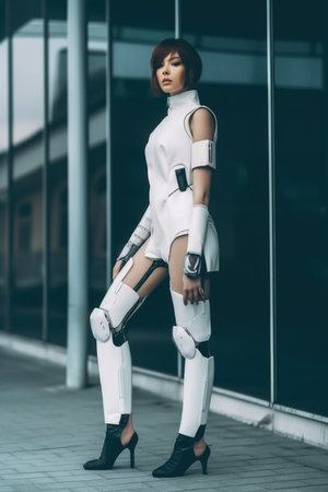 full length shot of a beautiful young woman wearing futuristic attireの素材