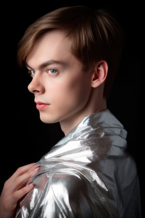 a young man wearing a shiny silver fabric over his shoulderの素材