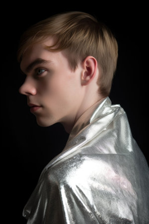 a young man wearing a shiny silver fabric over his shoulderの素材