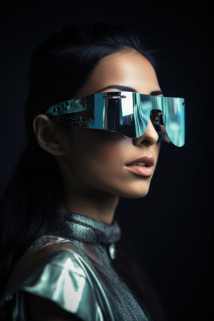 shot of a beautiful young woman wearing futuristic sunglassesの素材