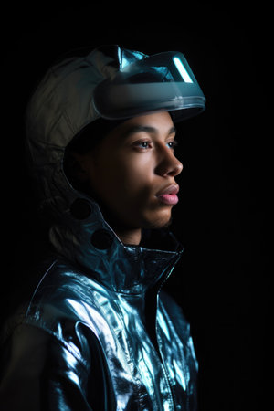 studio shot of a trendy young man wearing futuristic clothing against a dark backgroundの素材