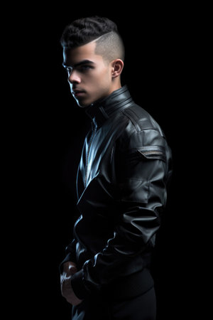 studio shot of a trendy young man wearing futuristic clothing against a dark backgroundの素材