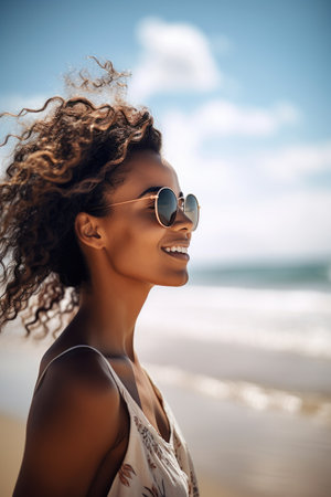 shot of a young woman enjoying a day on the beachの素材