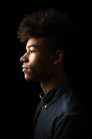 shot of a young man against a black backgroundの素材