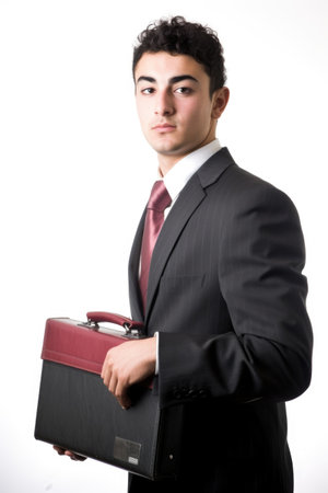 studio shot of a young businessman holding his briefcase against a white backgroundの素材