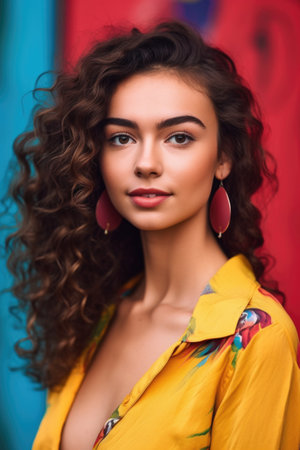 cropped portrait of an attractive young woman posing against a colorful backgroundの素材