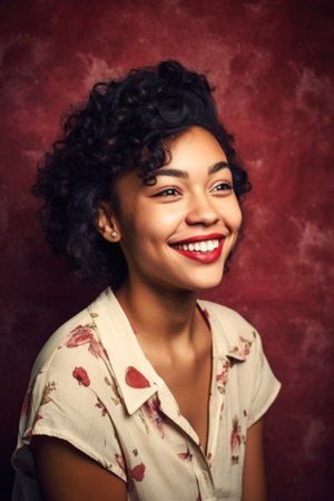 studio shot of a young woman smiling against a retro backgroundの素材