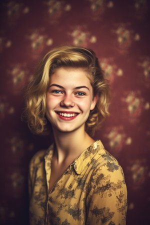 studio shot of a young woman smiling against a retro backgroundの素材