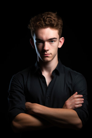 cropped portrait of a handsome young man standing with his arms folded against a black backgroundの素材