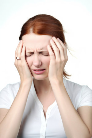 studio shot of a woman holding her head in fake pain against a white backgroundの素材